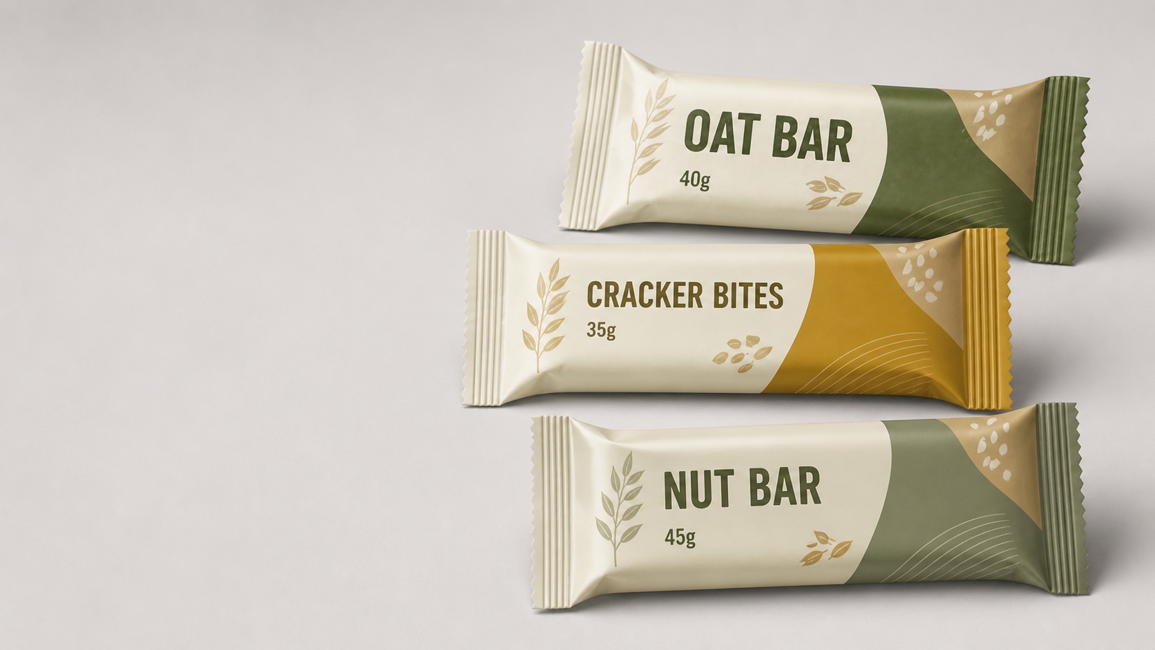 Printed flow-wrap snack packs with crimped end seals and generic product labels