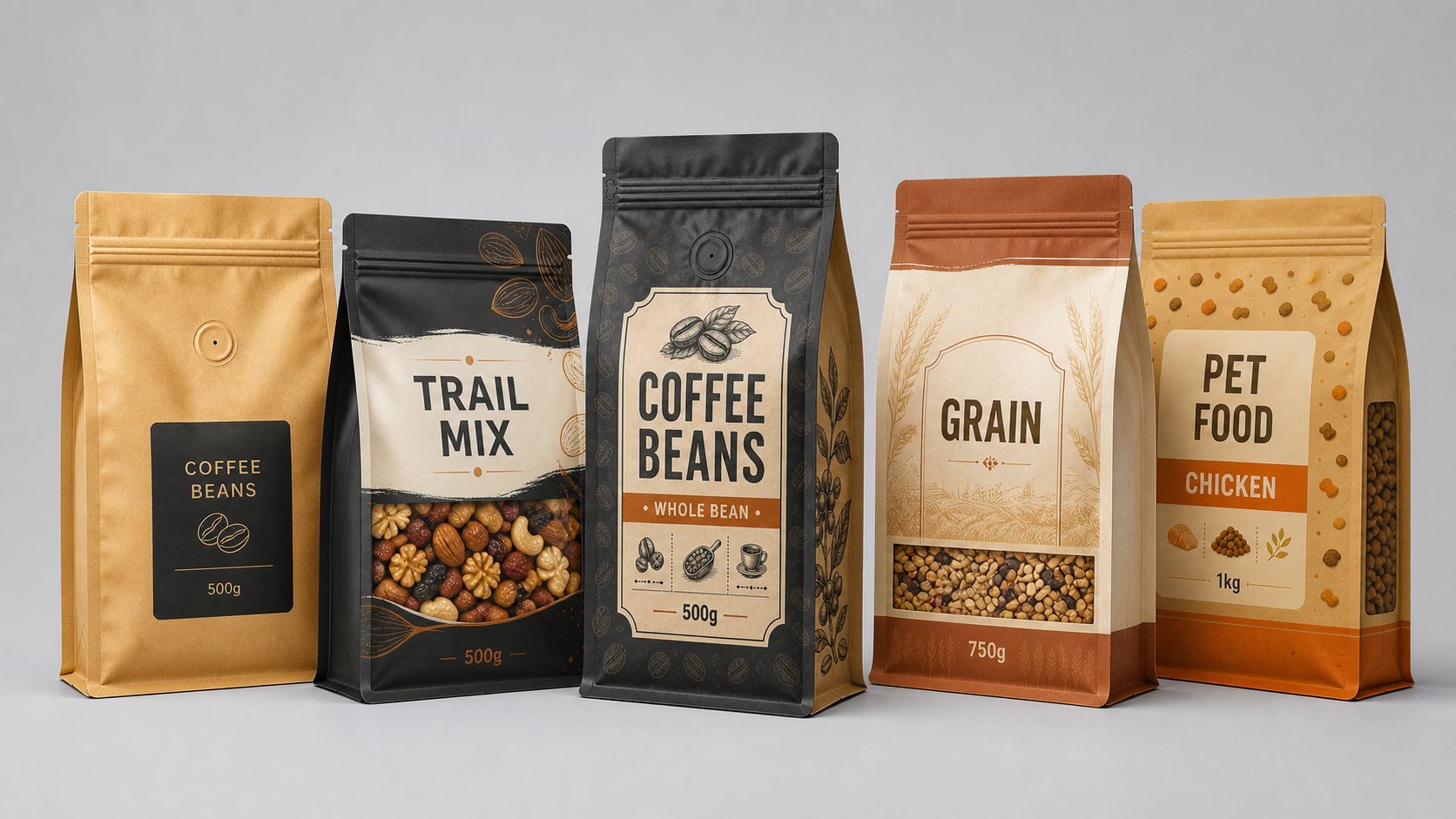 Flat bottom pouch product group for coffee, trail mix, grain, and pet food