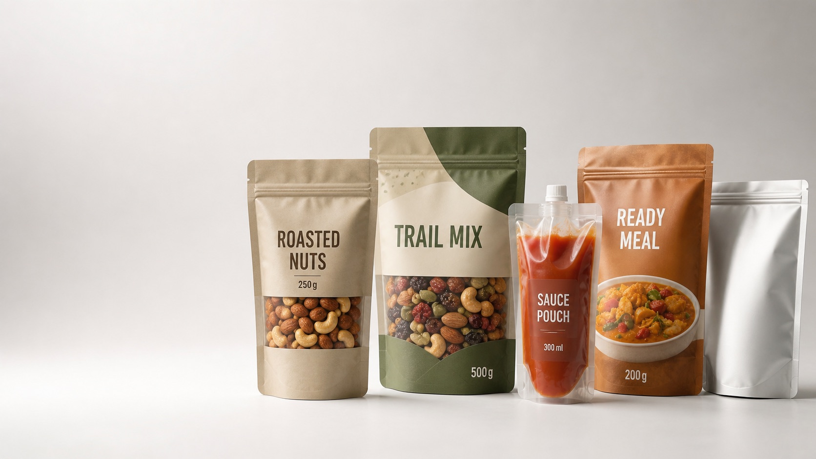 Wide hero image of generic food packaging pouches for snacks, sauce, ready meals, and barrier packaging