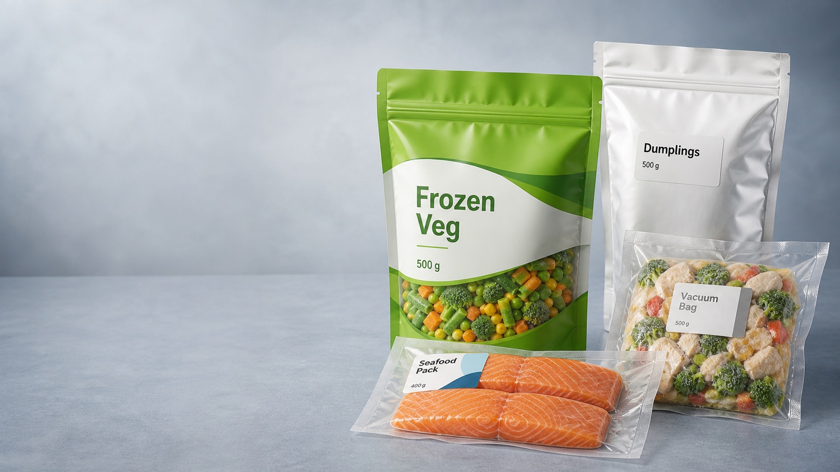 Wide hero image of frozen food zipper pouches, seafood vacuum pack, and high-barrier freezer packaging