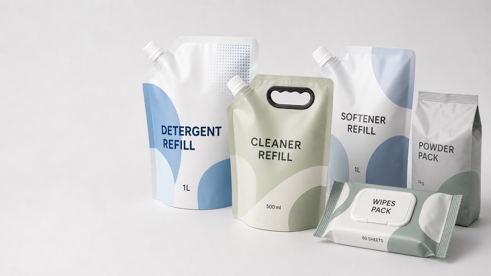Wide hero image of generic cleaner refill pouch with handle, spout, and wipes pack for household product packaging review