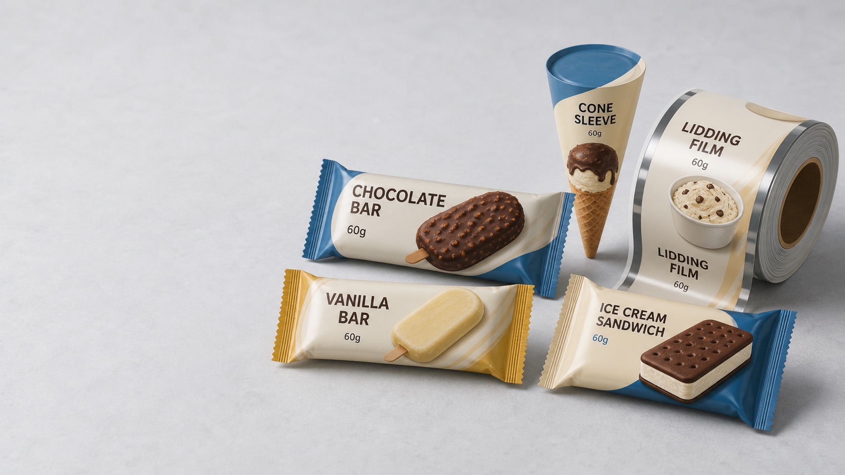 Wide hero image of generic ice cream bar and sandwich flow-wrap packages for frozen dessert packaging review