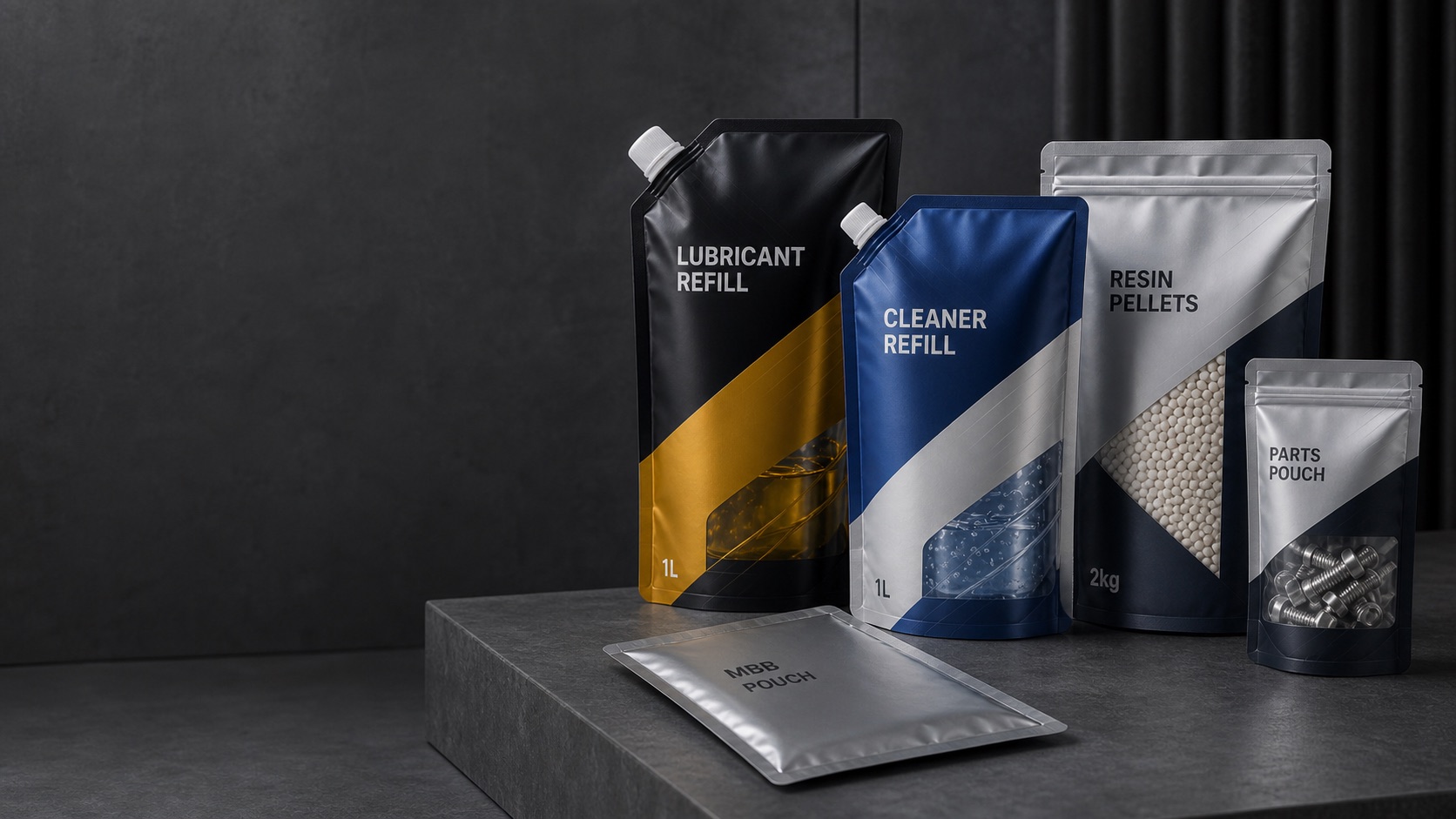 Wide hero image showing industrial refill pouch, cleaner pouch, resin pellet bag, and parts pouch packaging formats