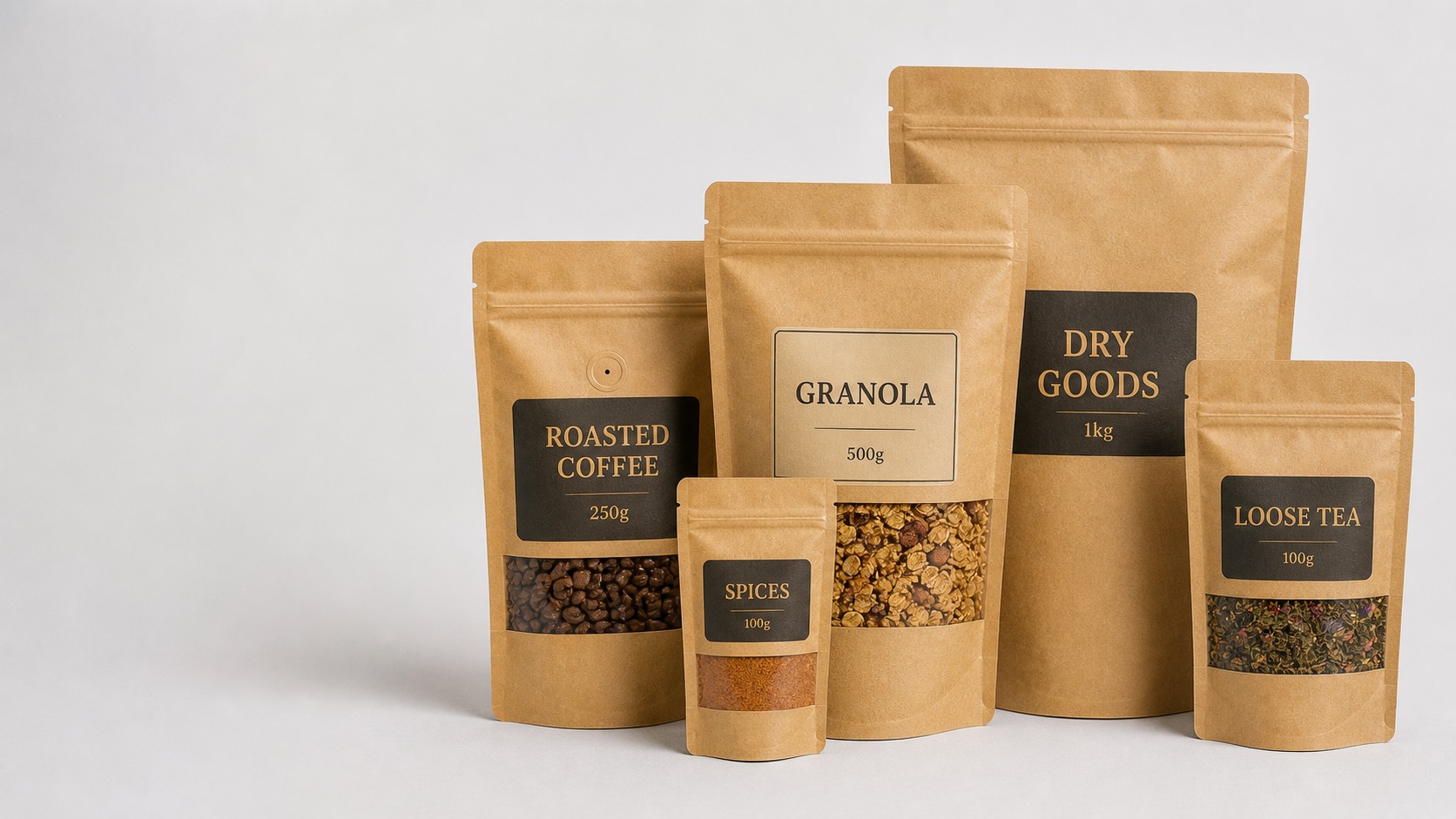 Wide hero image of kraft paper stand-up pouches with zipper, window, and dry goods fill options
