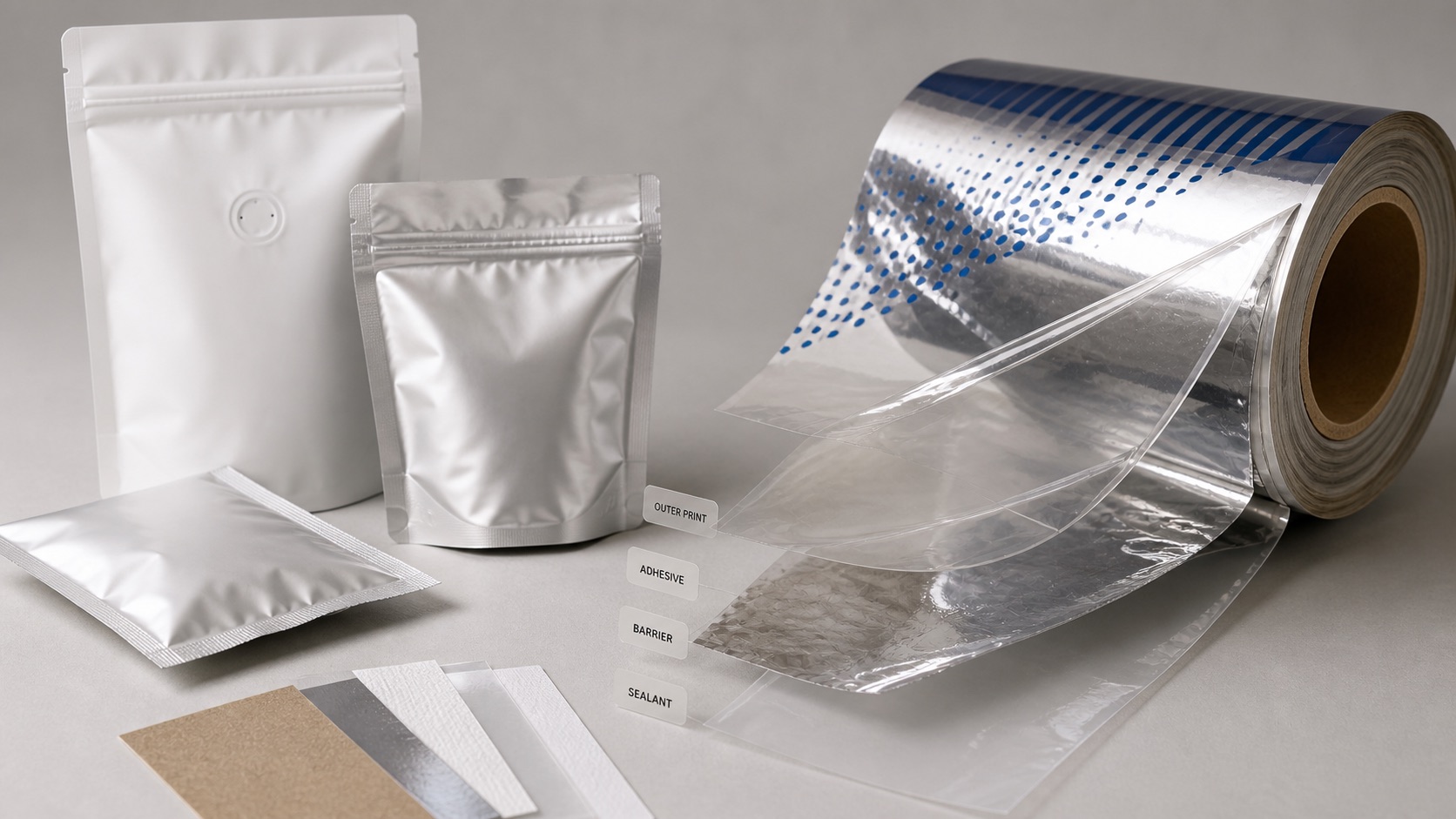 Wide hero image of laminated film rolls and peeled layers for packaging lamination process review