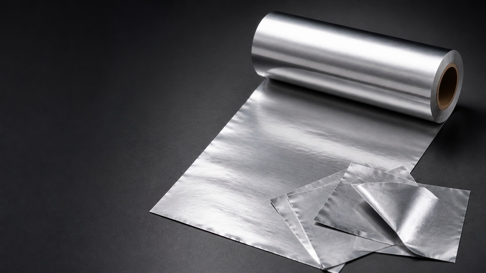 Wide aluminum foil laminate roll with reflective loose foil swatches on a dark studio background
