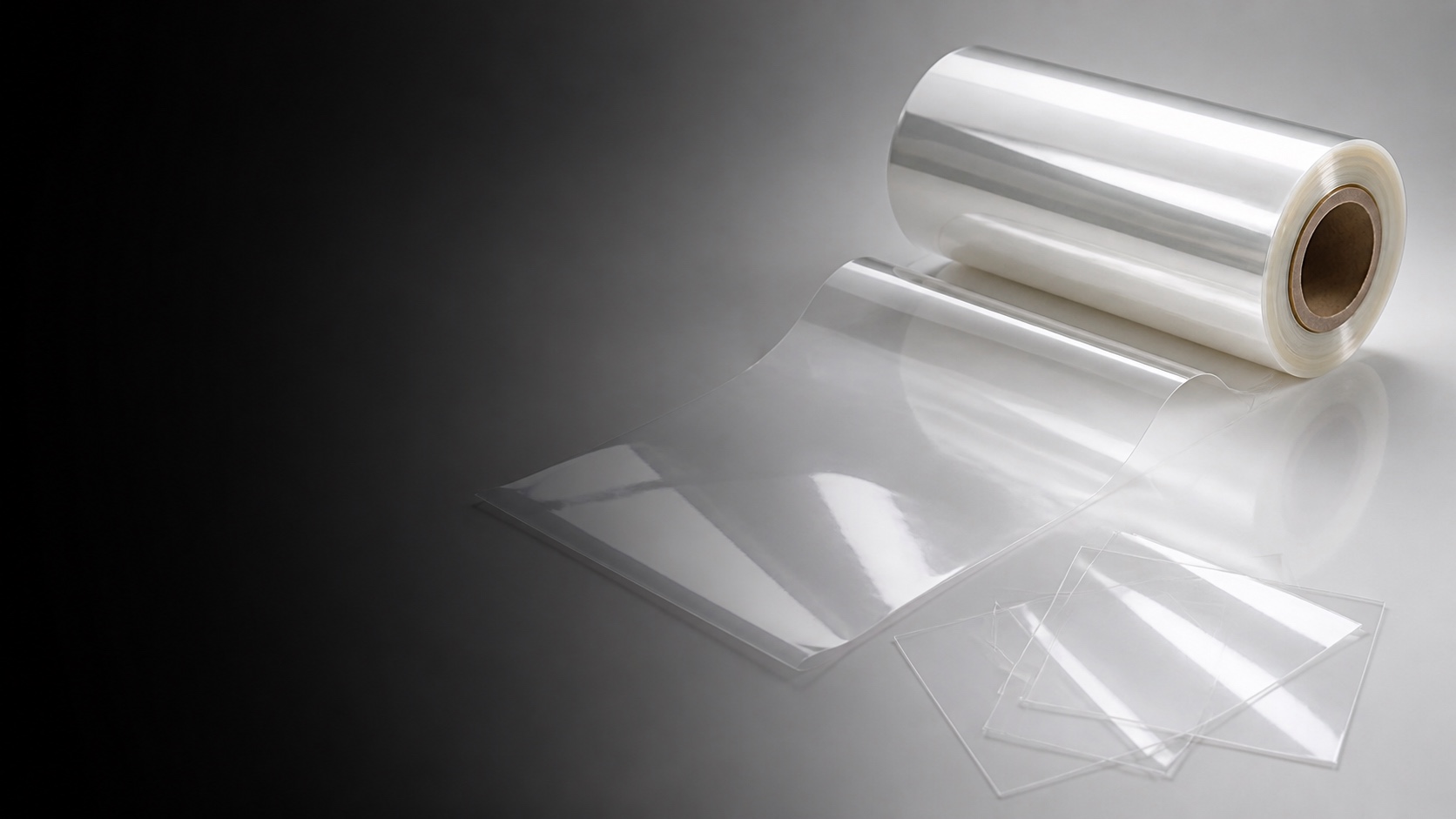 Wide hero image of clear glossy BOPP film roll with transparent print substrate swatches for flexible packaging review