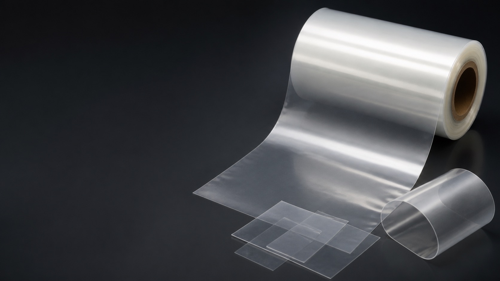 Wide translucent CPP film roll with clear flexible swatches on a dark studio background