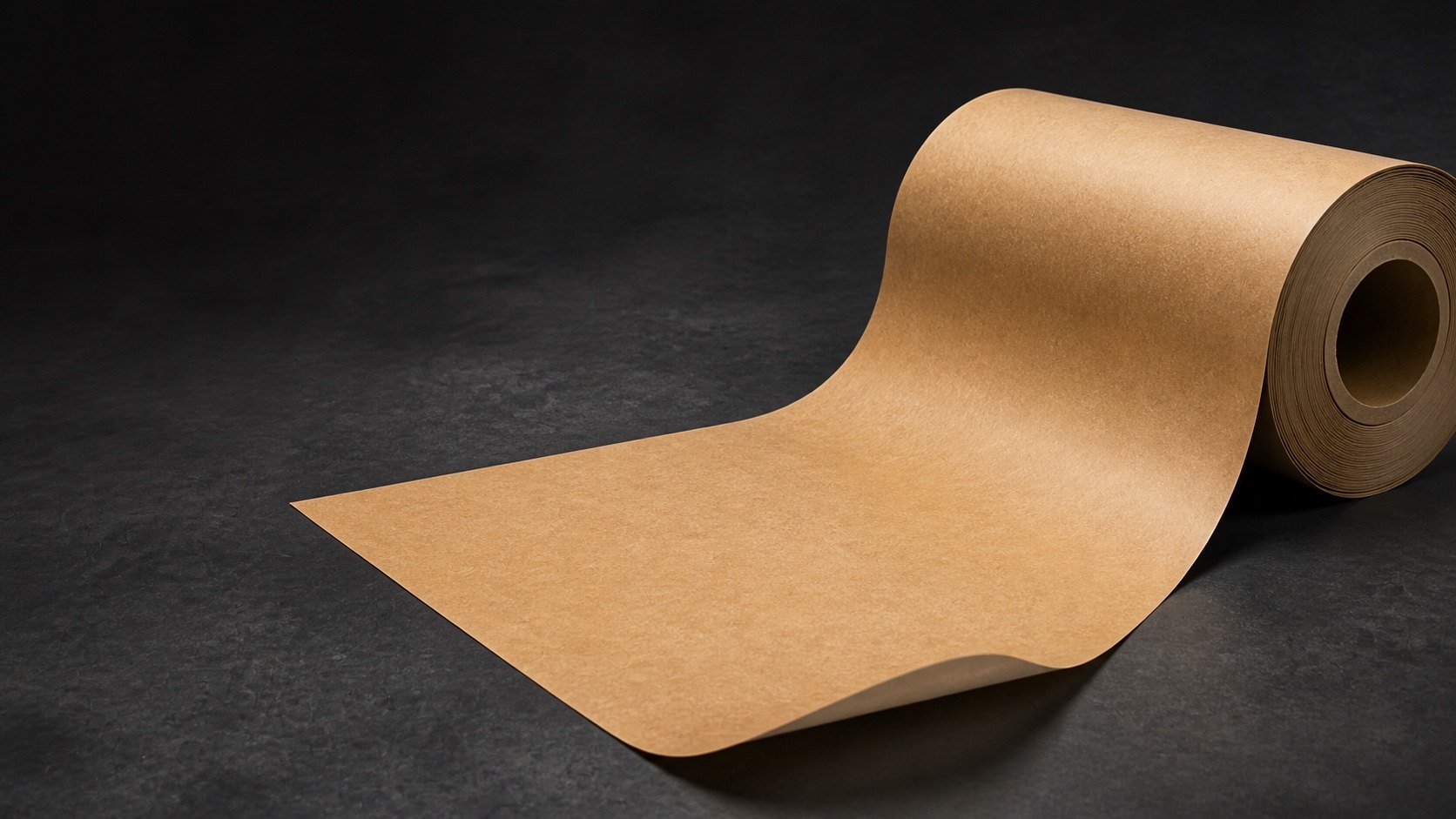 Wide kraft paper laminate roll with cut swatches and a curled layered edge on a dark studio background