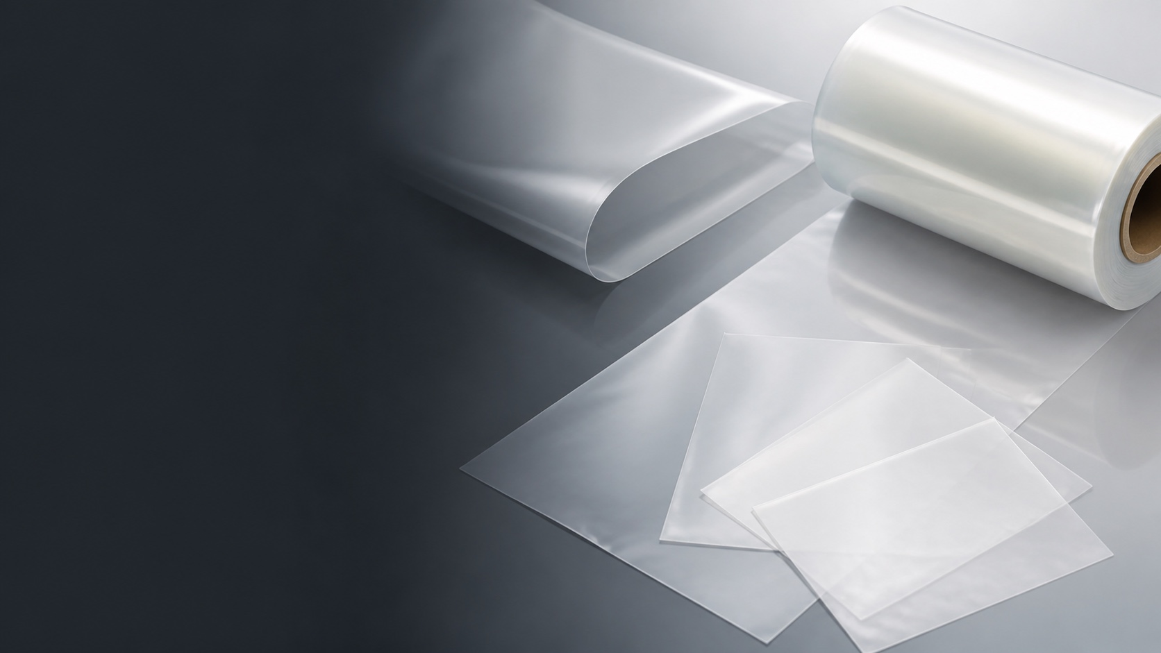 Wide hero image of satin translucent nylon film roll and PA laminate swatches for flexible packaging review