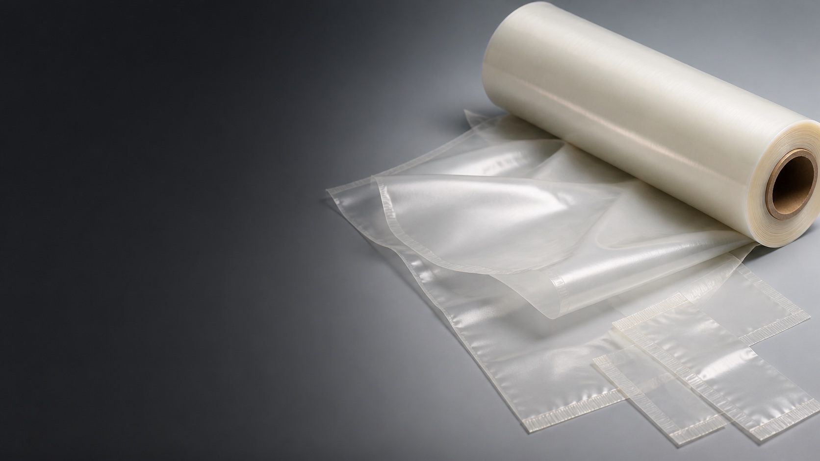 Wide hero image of translucent PE sealant film roll with heat seal samples for flexible packaging material review