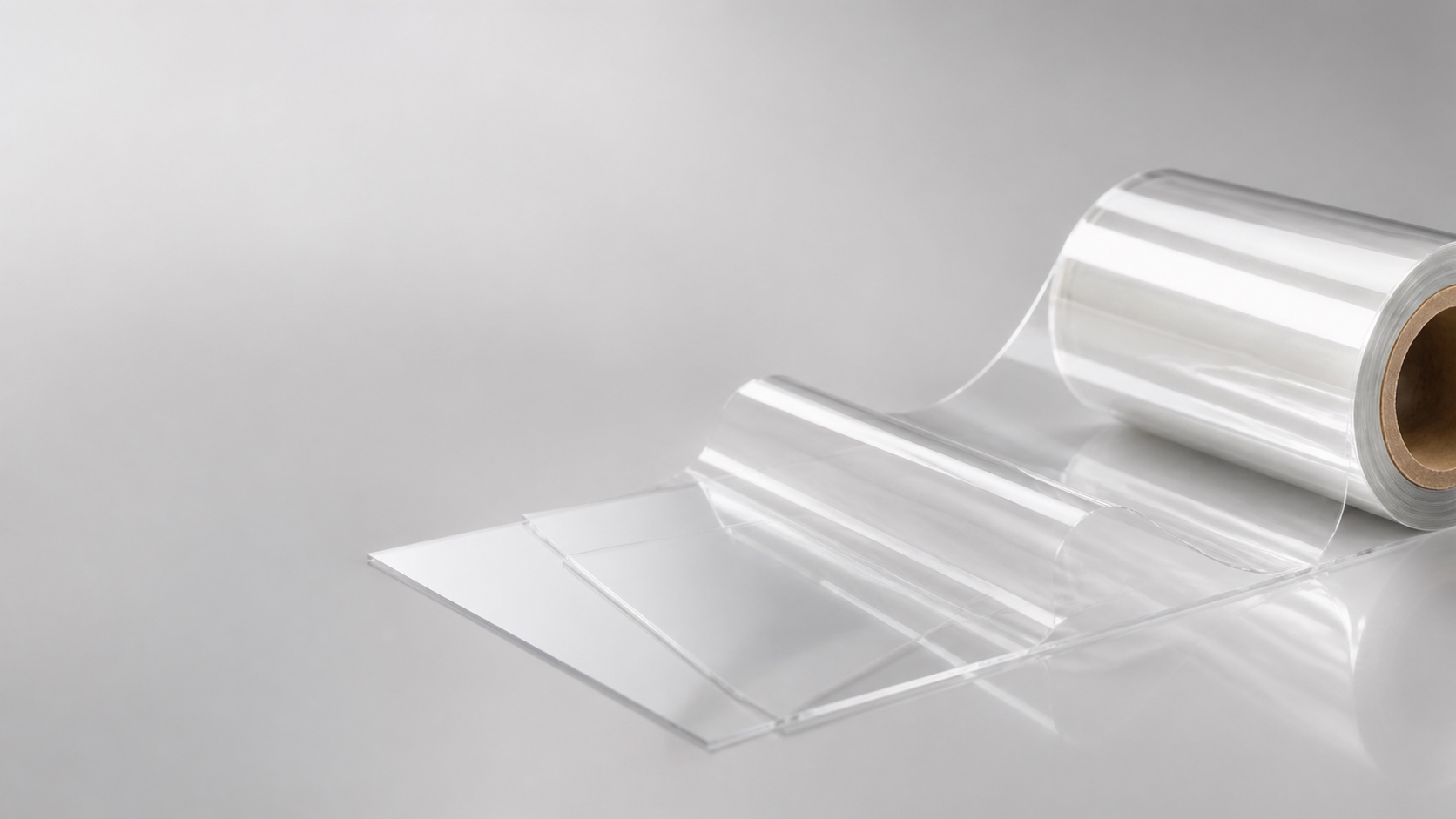 Wide hero image of transparent PET film roll and clear laminate samples for flexible packaging material review