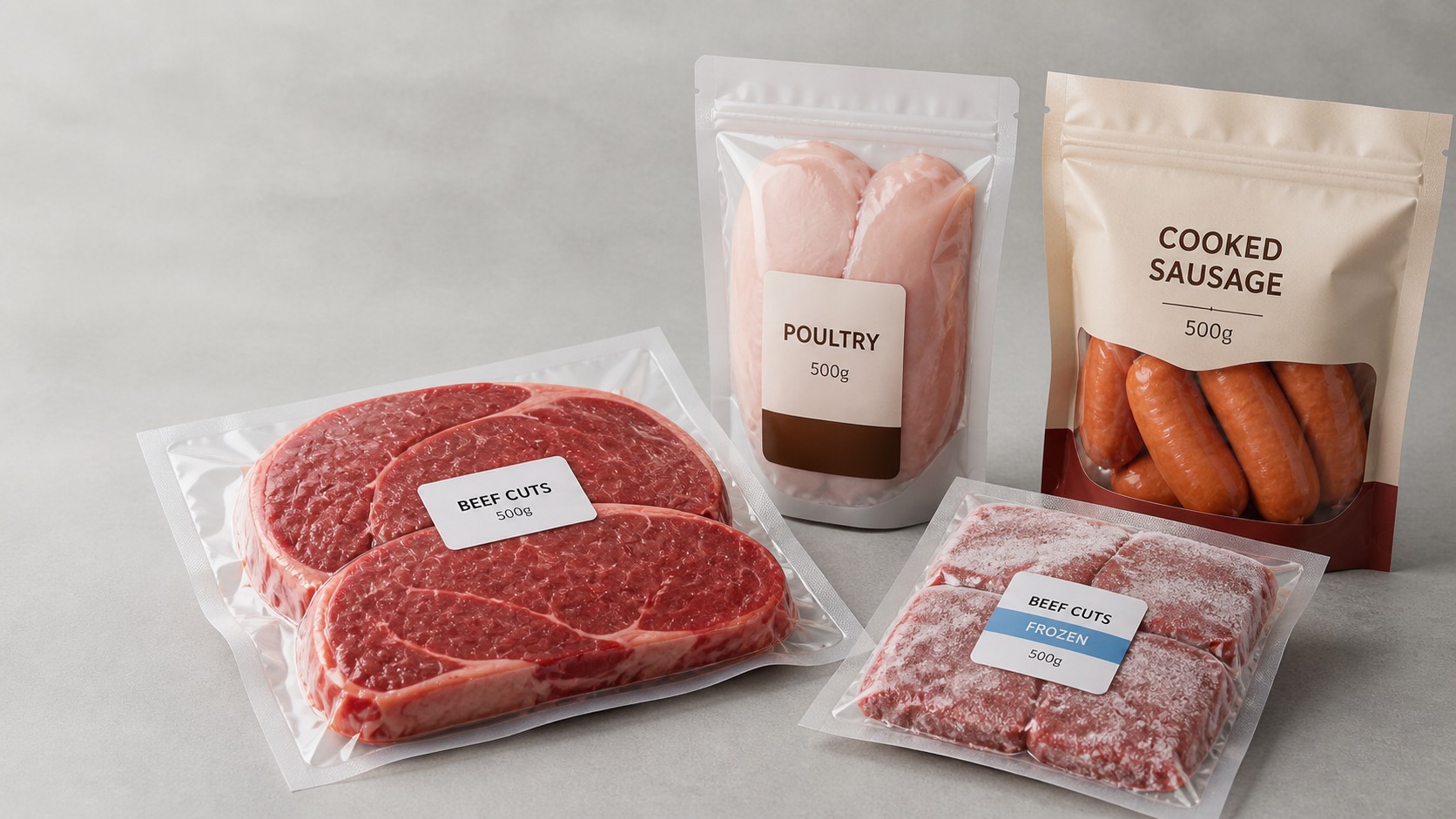 Wide hero image of clear vacuum meat pouches with beef cuts and heat-sealed PA PE film