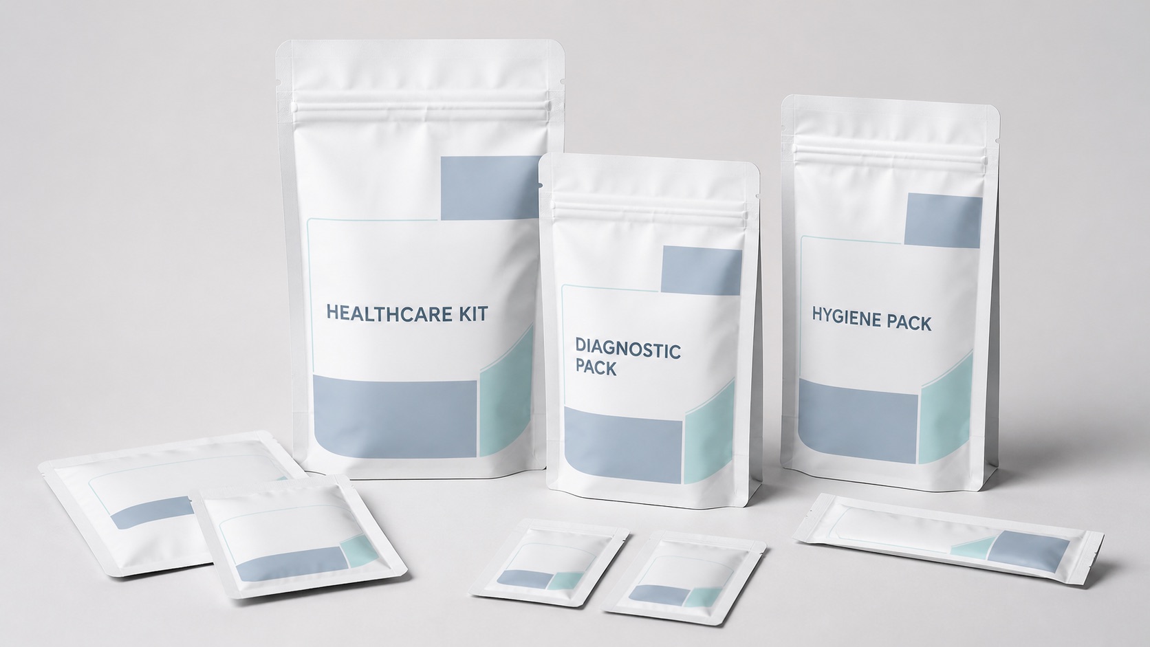 Healthcare and diagnostic flexible pouches with clean label panels and heat-sealed edges