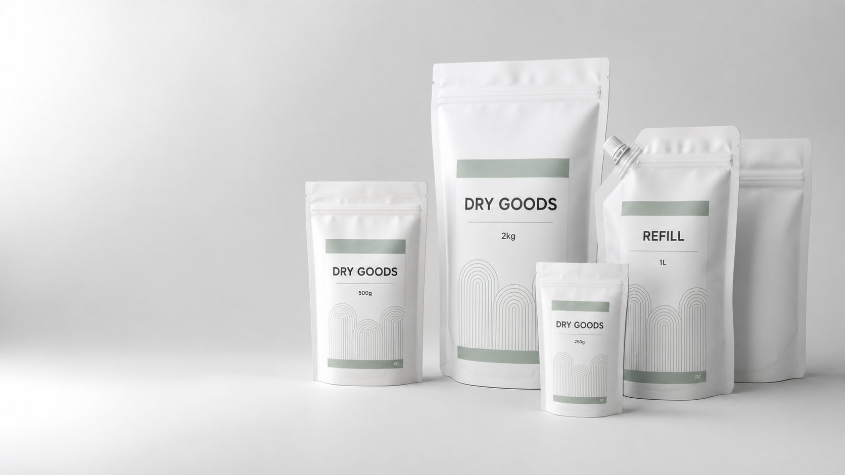 Mono-material pouch packaging lineup for dry goods and refill applications
