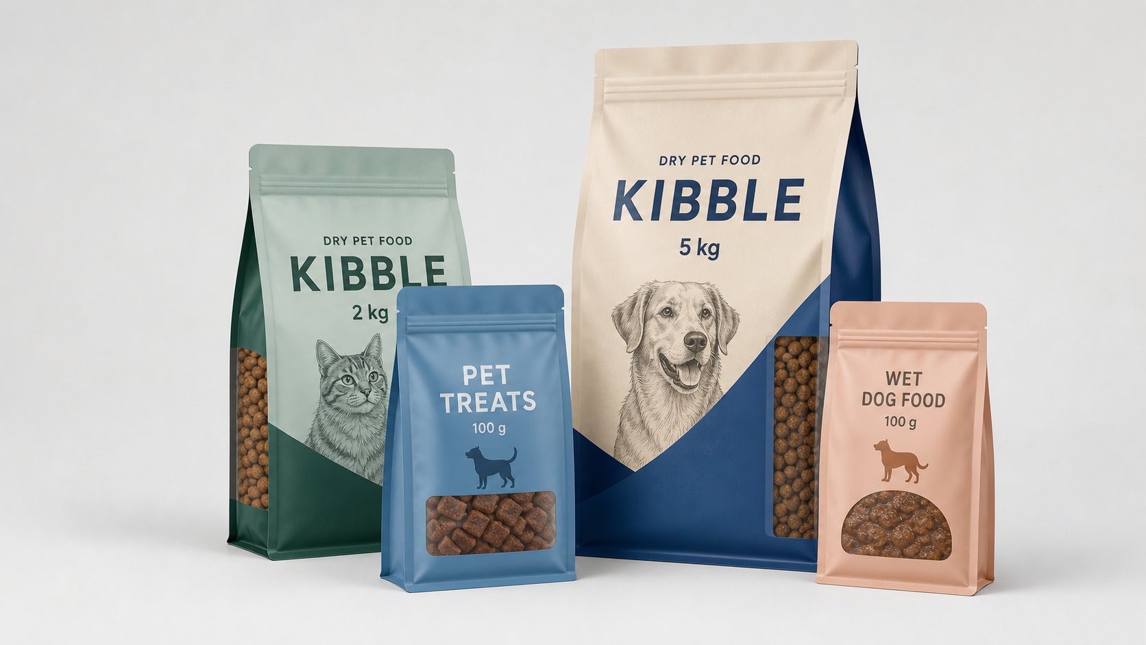 Pet food pouch packaging lineup with kibble and treat formats