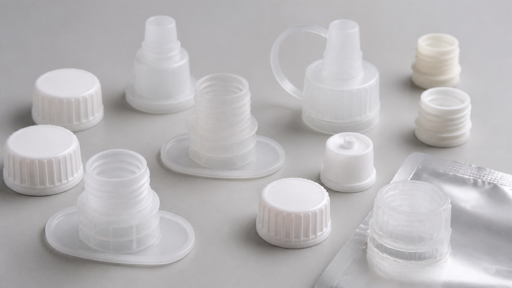 Plastic spout caps and pouch fitment components with weld flanges and screw closures