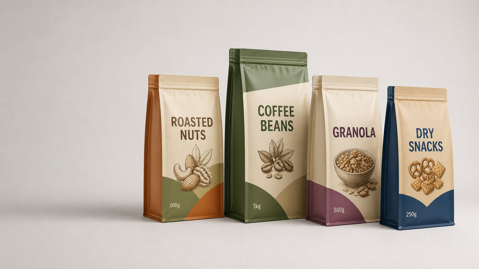 Quad seal pouch packaging lineup for roasted nuts, coffee, granola, and dry snacks