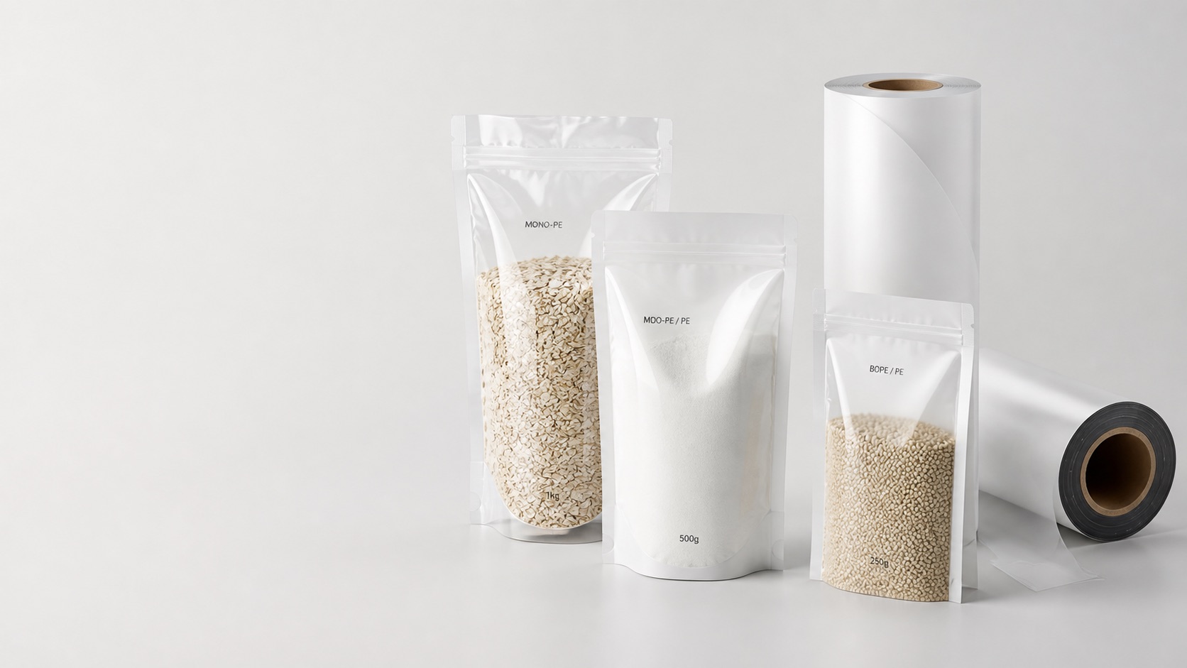 Recyclable-ready PE packaging hero with mono-PE pouch, MDO-PE PE refill pouch, BOPE PE flat pouch, and PE film roll stock for structure review