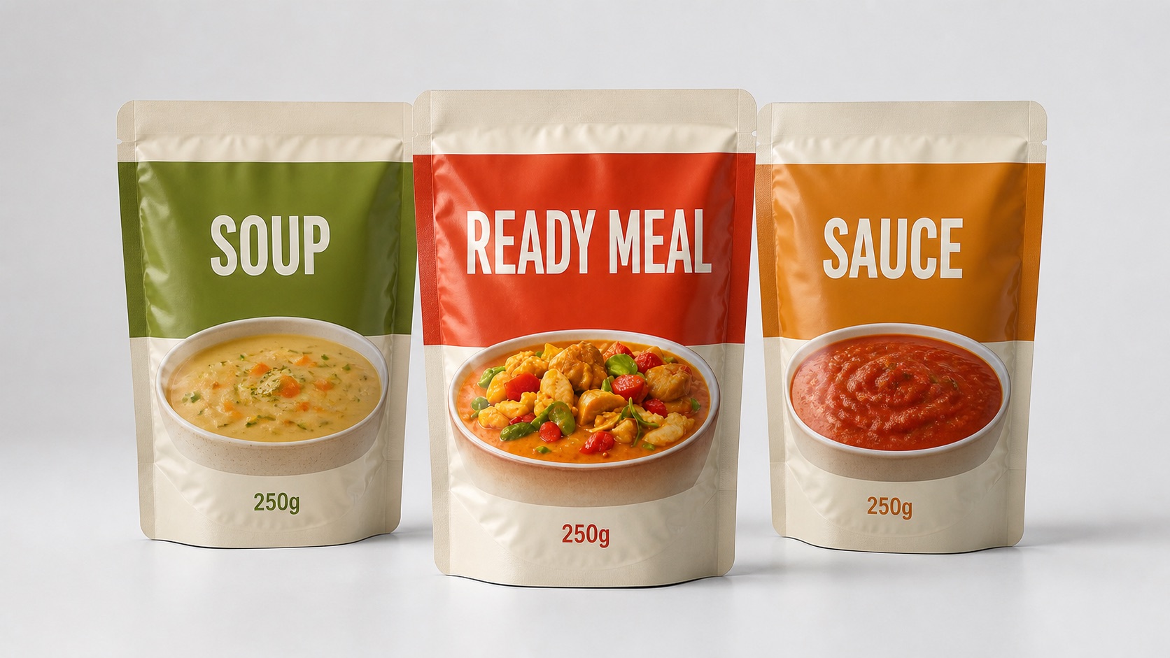 Opaque ready-meal retort pouches with flat heat-sealed edges for soups and sauces