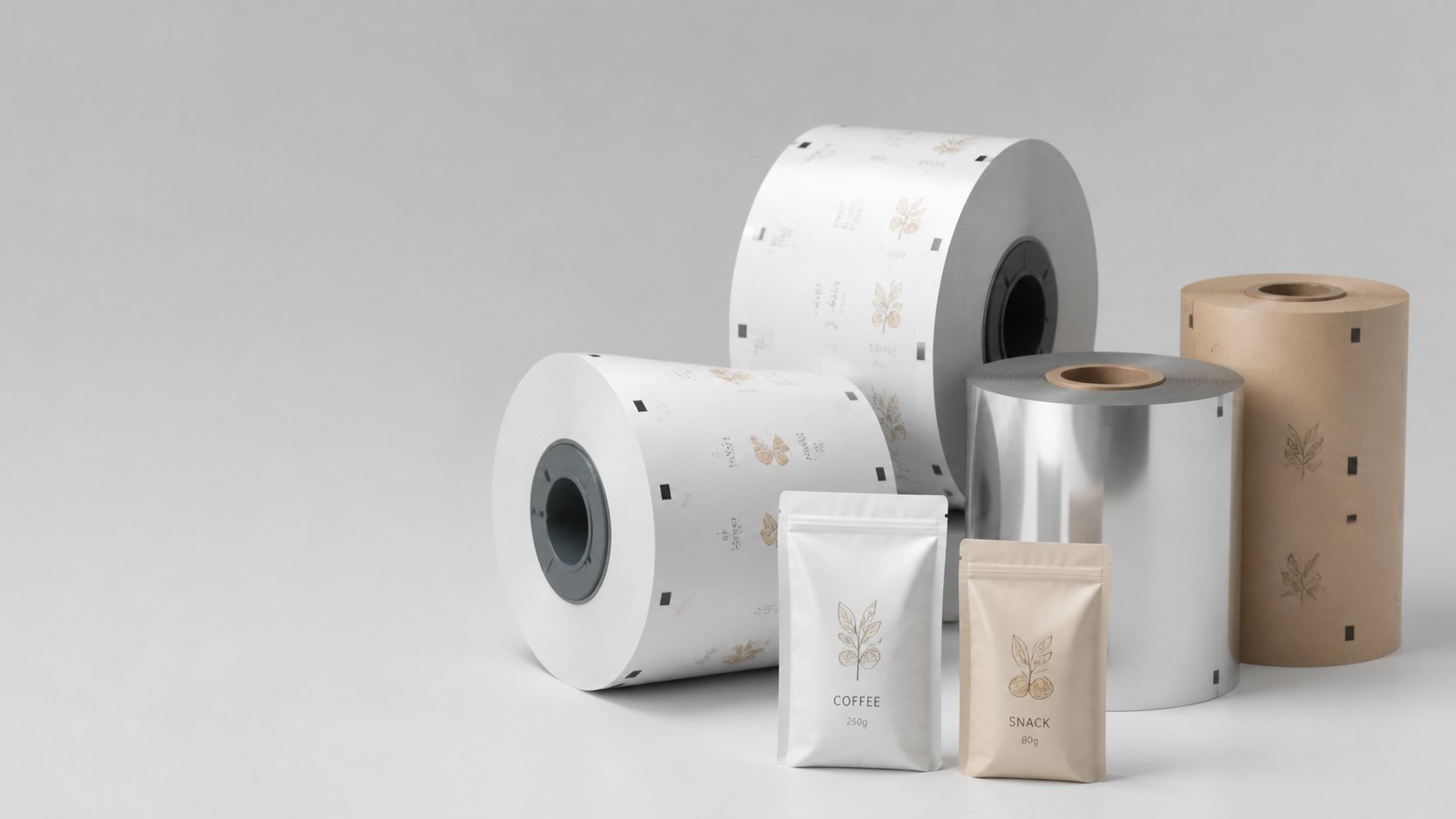Rewind film hero with roll stock reels and finished pouch samples