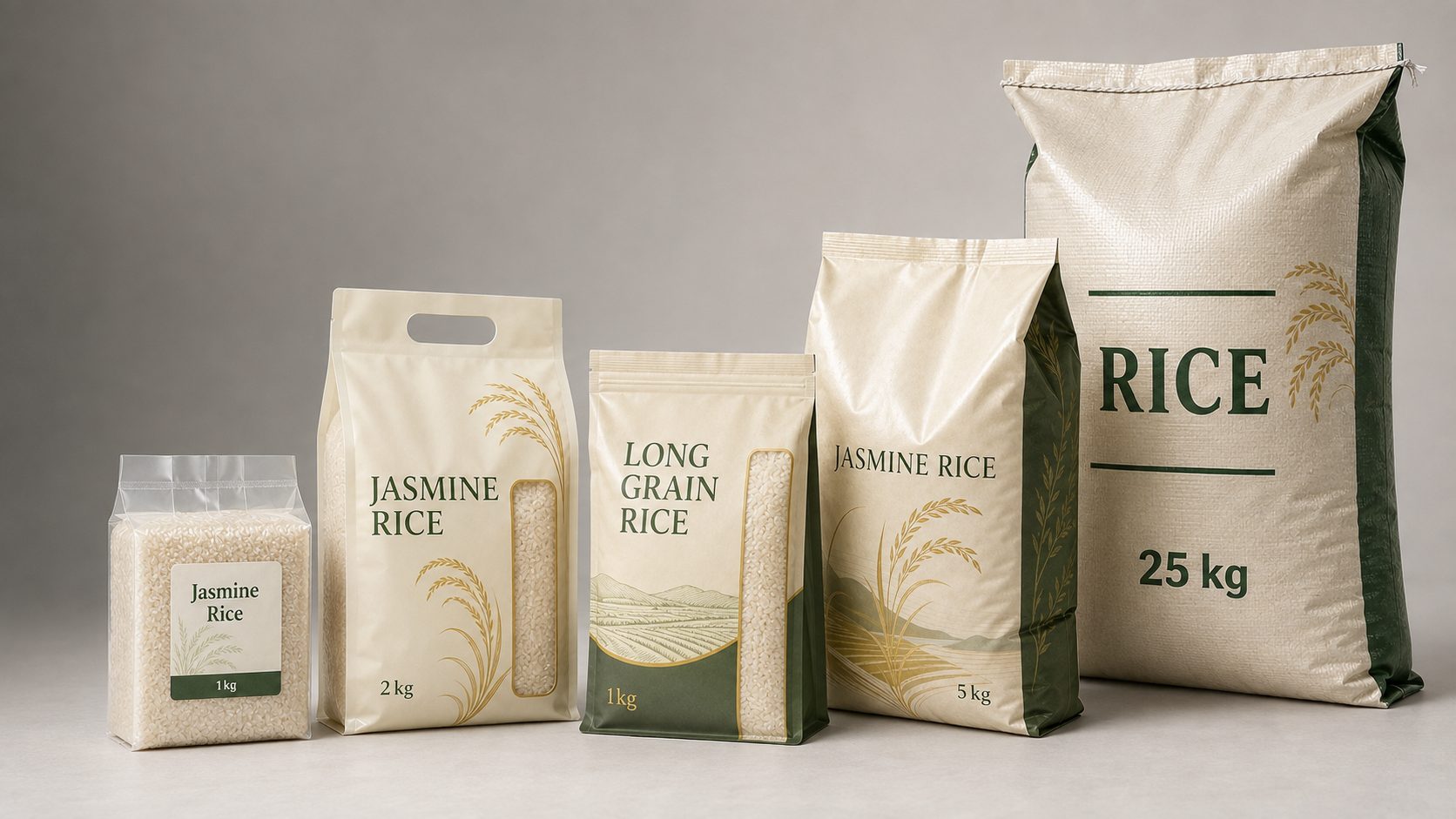 Rice packaging group with vacuum brick pack, handle bag, window pouch, side gusset bag and 25 kg woven sack