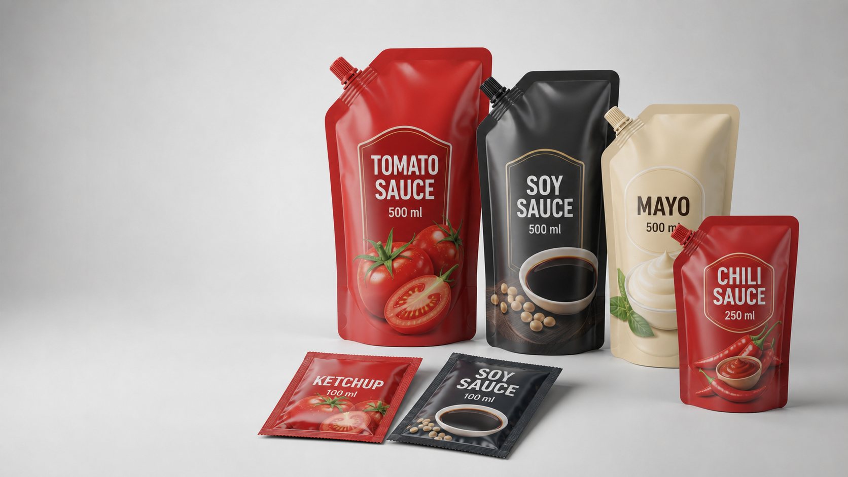 Sauce packaging hero with spout pouches and portion sachet formats
