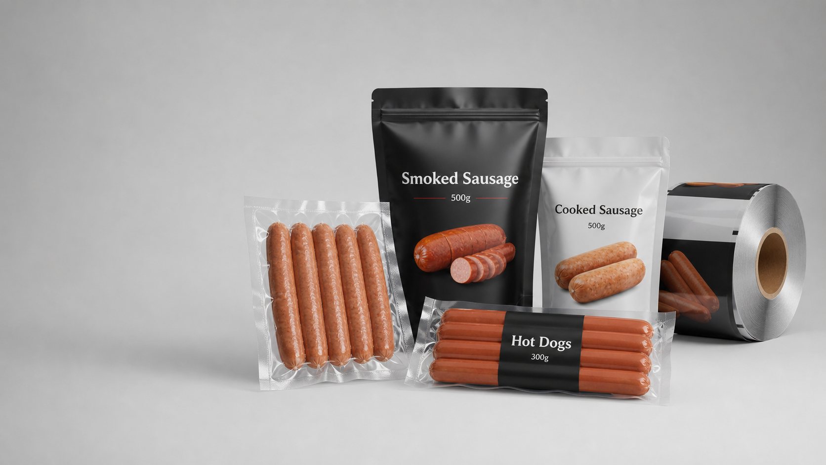 Sausage packaging hero with vacuum pouch, shrink pack, pouch, and roll stock formats