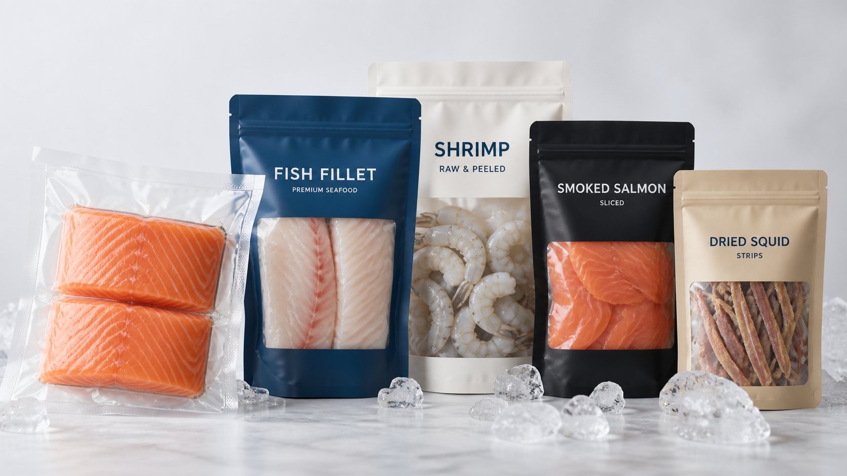 Seafood vacuum and cold-chain pouch product group for packaging review