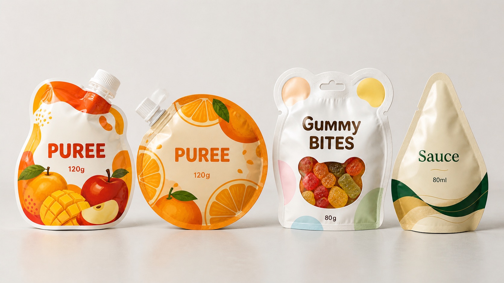 Die-cut shaped pouches with spout, refill, sauce, and puree formats