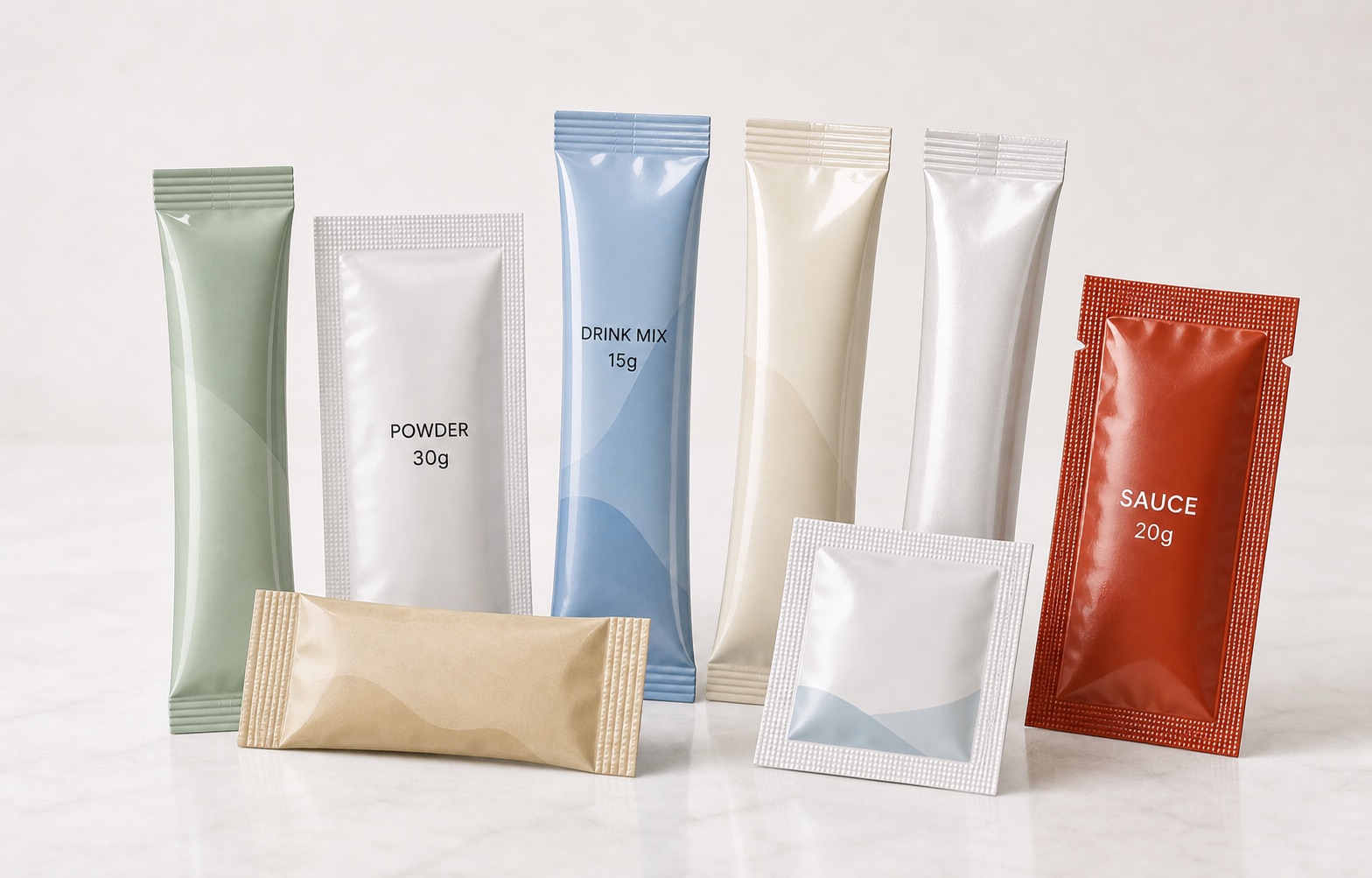 Single-serve sachet and stick pack formats for sauce drink mix and powder packaging