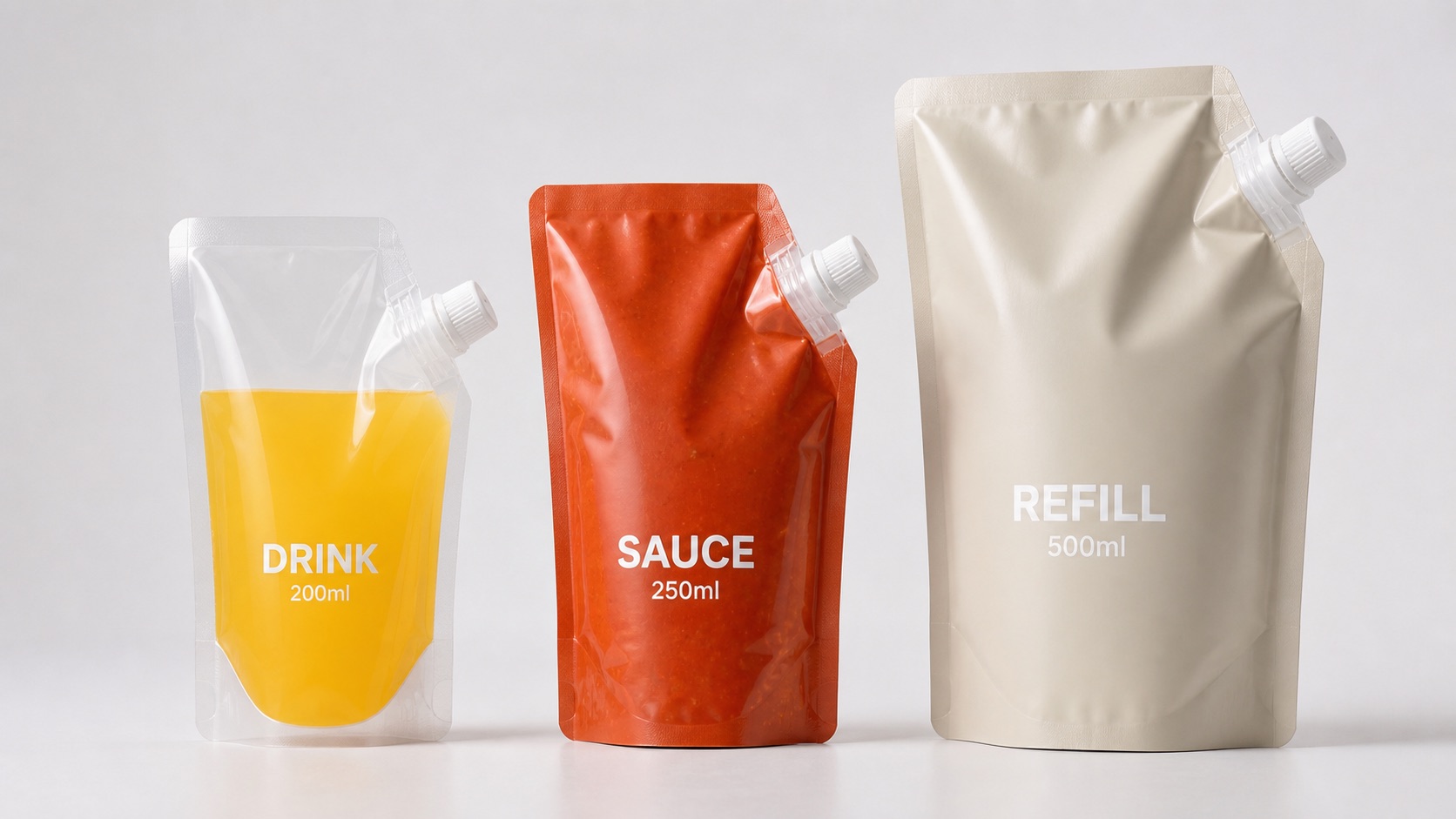 Assorted spout pouches with corner and top fitments for beverage, sauce, and refill packaging