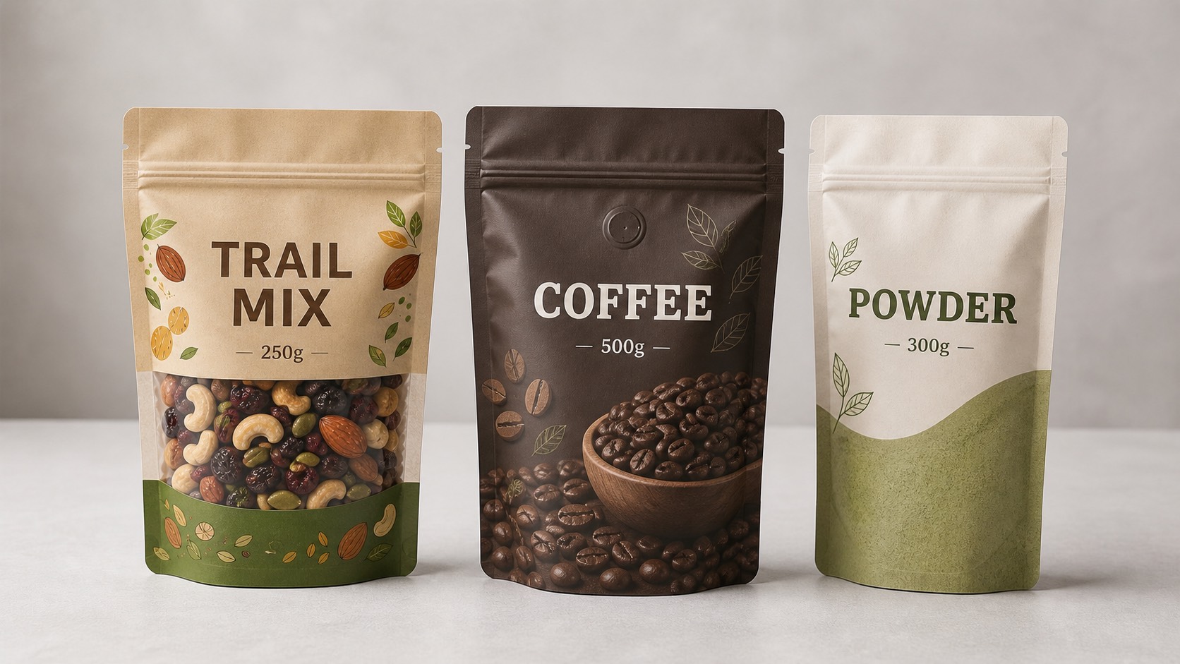 Filled stand-up zipper pouches with bottom gussets, clear windows, and generic dry goods labels