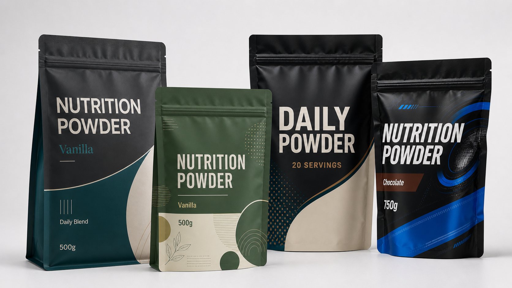 Opaque nutrition powder pouch product group for supplement packaging review