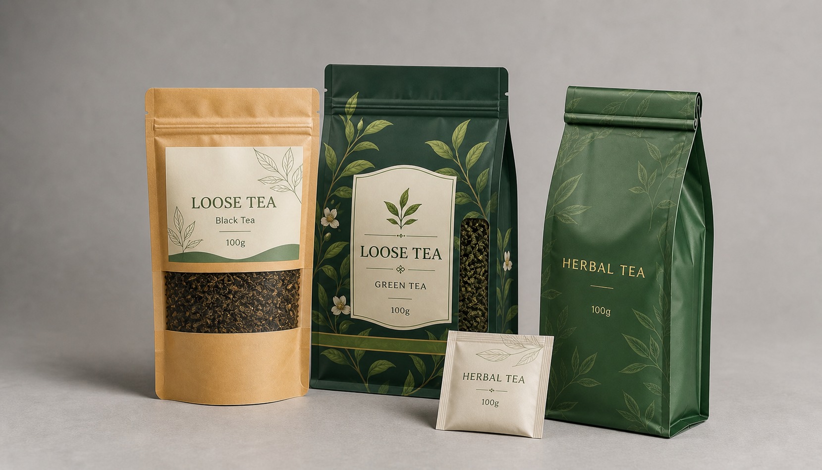 Loose tea pouches and sachets with window and side gusset packaging formats