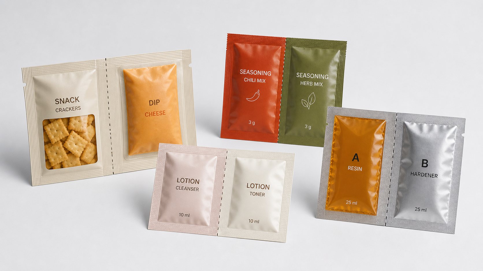 Connected twin pouch and dual-chamber sachet product group
