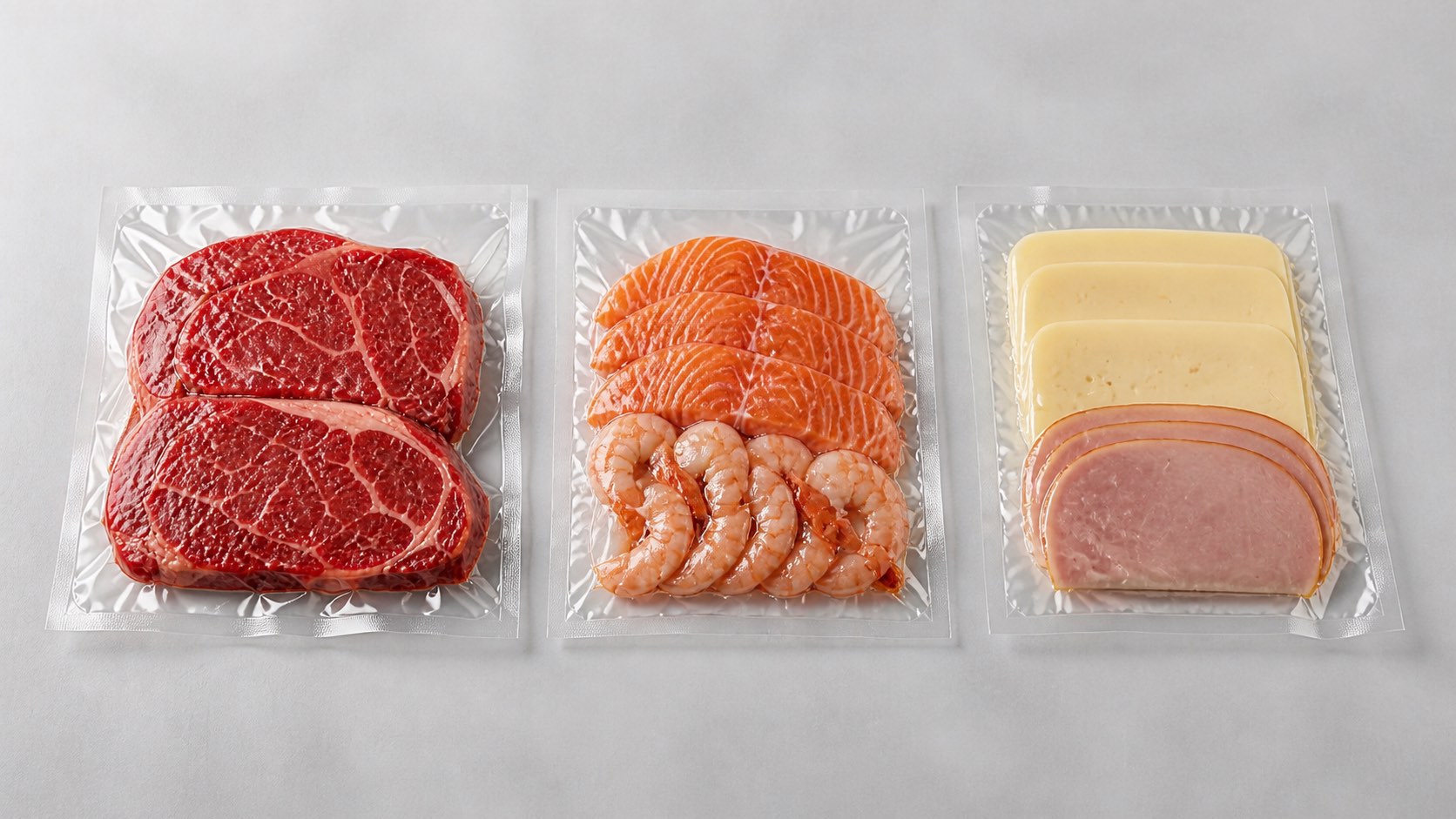 Clear vacuum pouches with heat-sealed edges for meat, seafood, and deli packaging