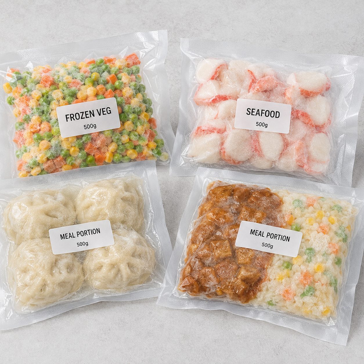 Transparent vacuum pouches for frozen vegetables seafood dumplings and meal portions with simple generic labels