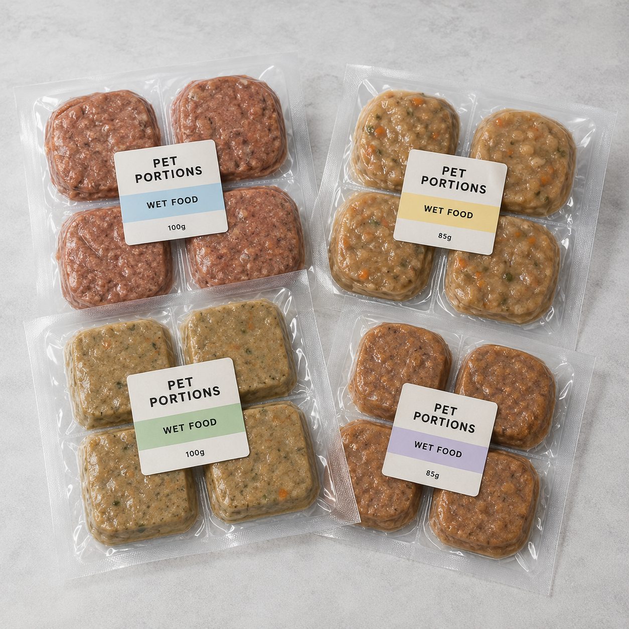 Vacuum sealed pet food portion packs with clear flat pouches and generic wet food labels