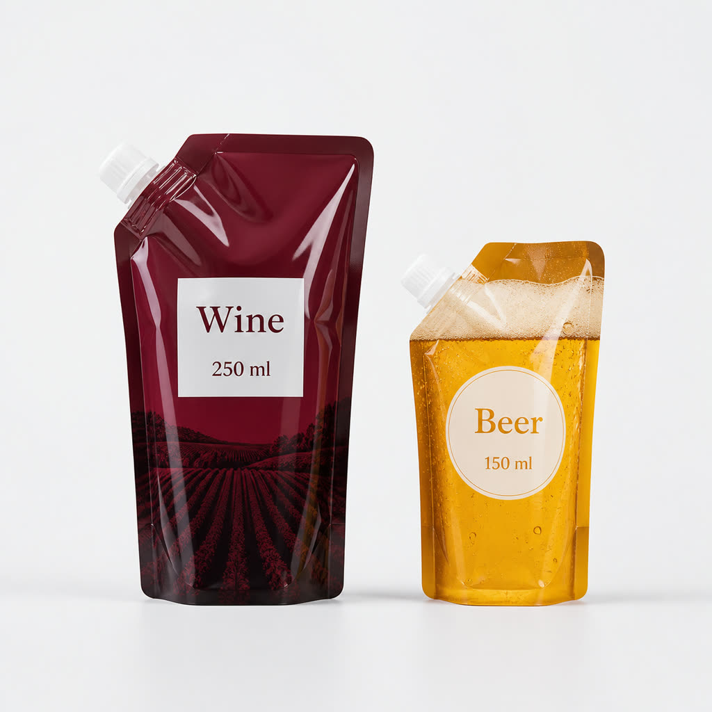 Wine and beer compact spout pouch formats with 250 ml and 150 ml generic labels