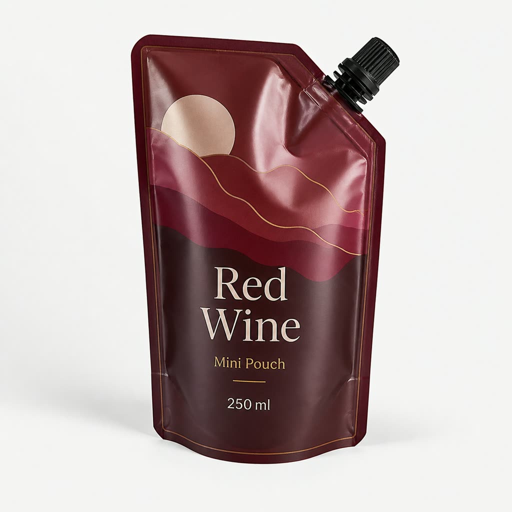 Printed red wine mini spout pouch with screw cap and 250 ml generic label