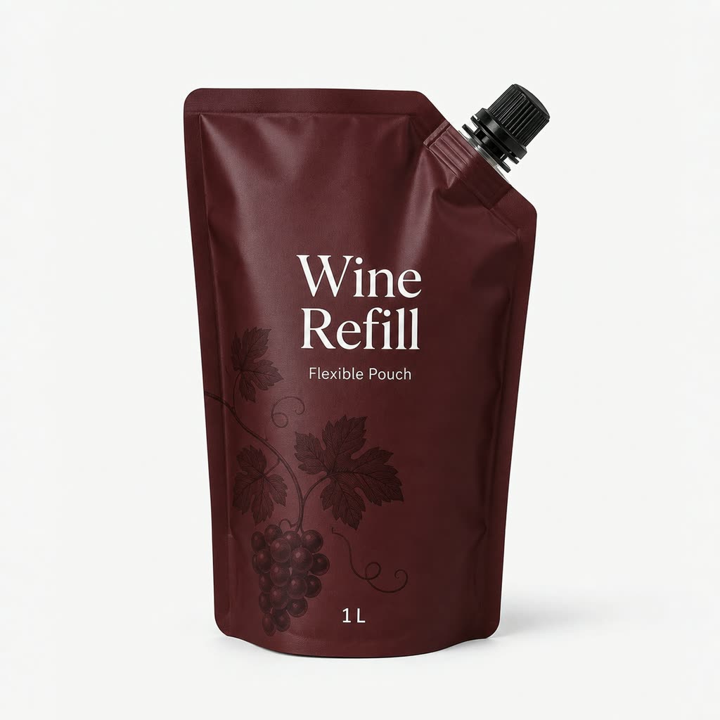 Printed wine refill flexible spout pouch with corner cap and 1 L generic label